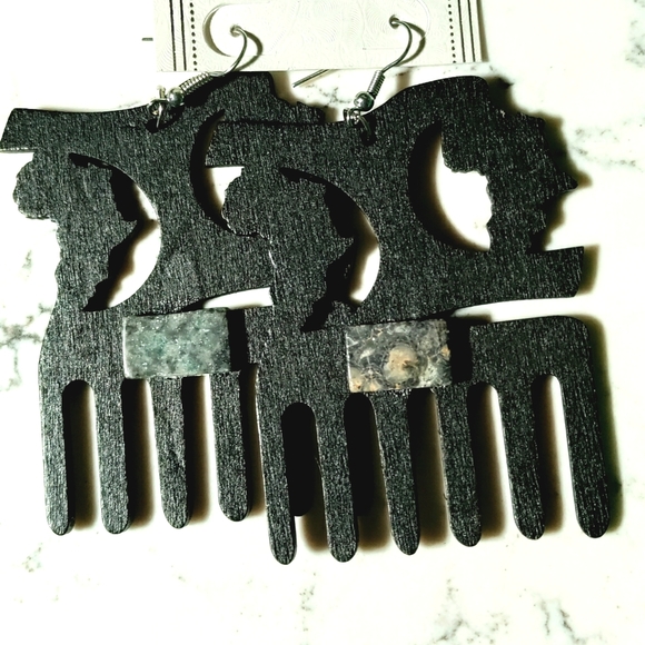 NEW Earrings Featuring Agate Stone! Wood. African Comb Design. Natural Hair. - Picture 2 of 5